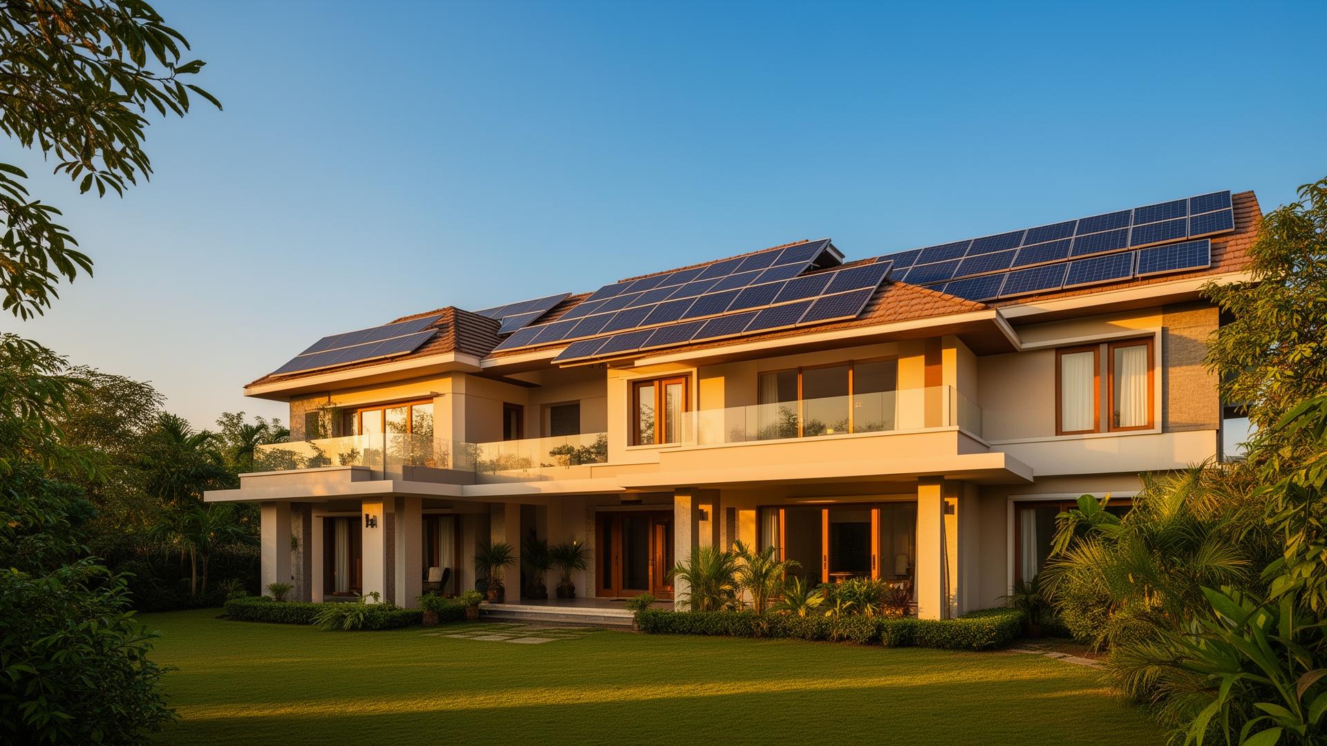 Modern Karnataka villa with rooftop solar panels at golden hour